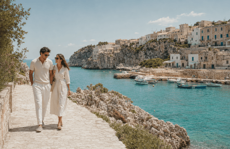 A couple walking on a boardwalk during a vacation in Southern Europe booked with away.ai